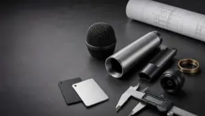 Custom microphone housing parts, material samples, and caliper used to evaluate tooling and unit cost