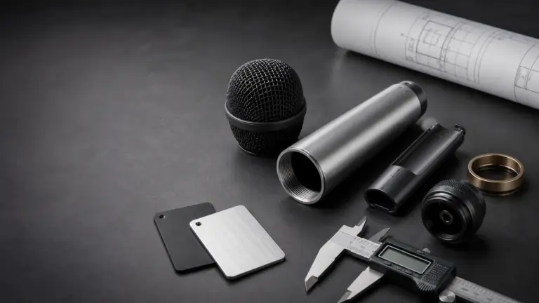 Custom microphone housing parts, material samples, and caliper used to evaluate tooling and unit cost