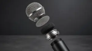 Exploded custom microphone grille showing outer mesh, inner mesh, acoustic foam, and threaded collar