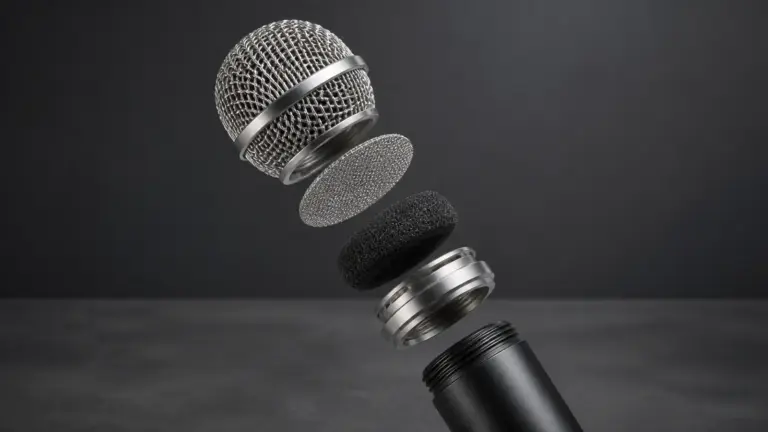 Exploded custom microphone grille showing outer mesh, inner mesh, acoustic foam, and threaded collar