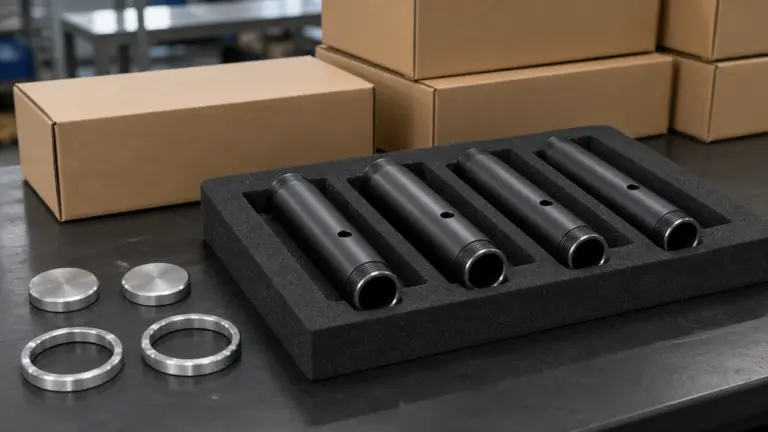 Metal microphone housing tubes packed for shipment to a Vietnam assembly line
